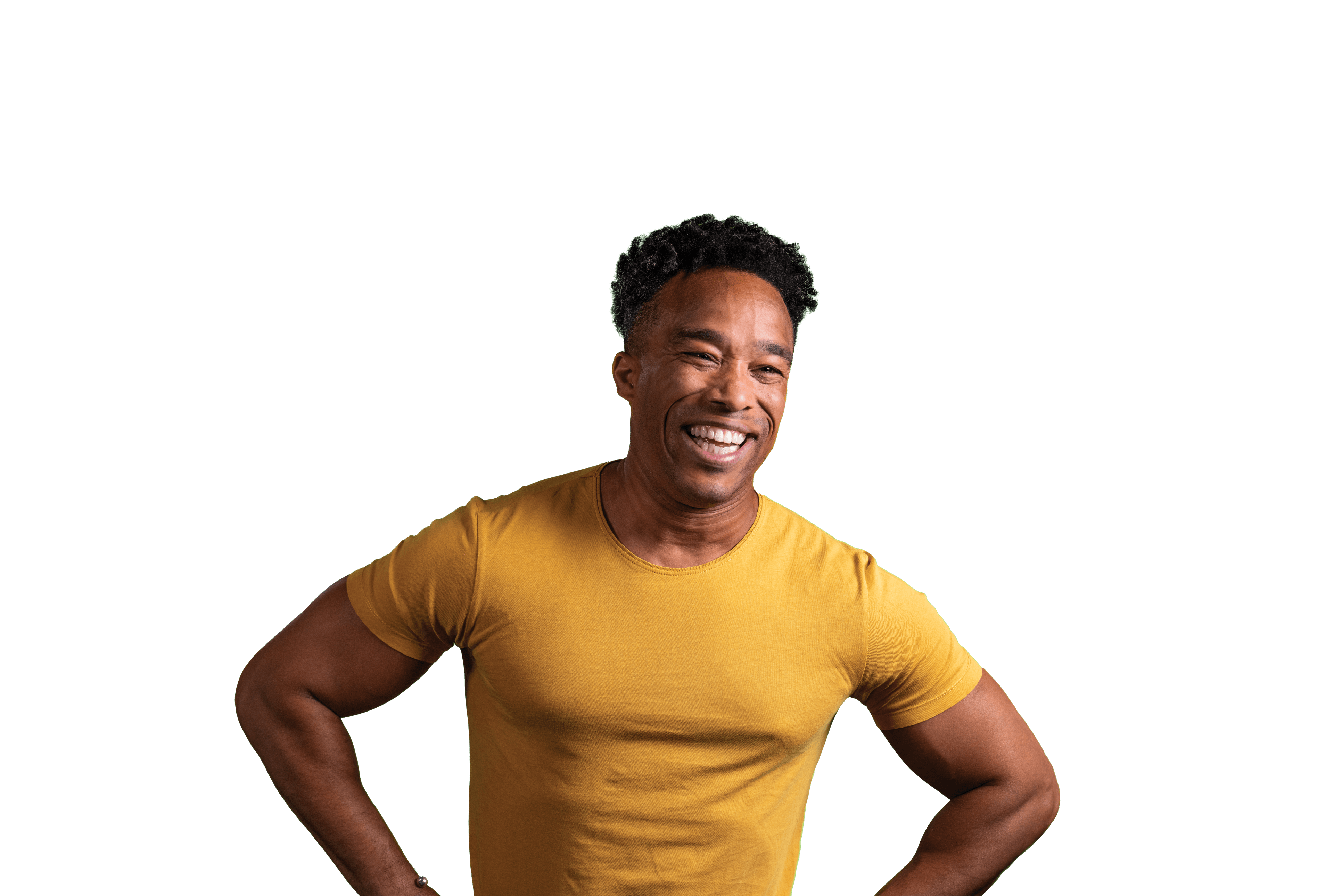 a man in a yellow shirt is smiling with his hands on his hips