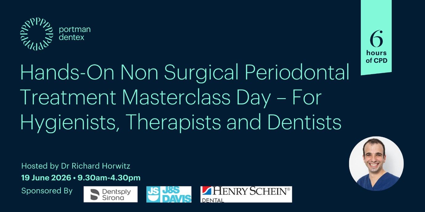 Advertisement for a Hands-On Non Surgical Periodontal Treatment Masterclass for dental professionals, hosted by Dr Richard Horwitz, offering 6 hours of CPD on 19 June 2026.