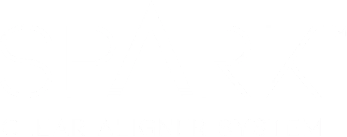 the words Spark Clear Aligner System is written in pixel art on a black background .